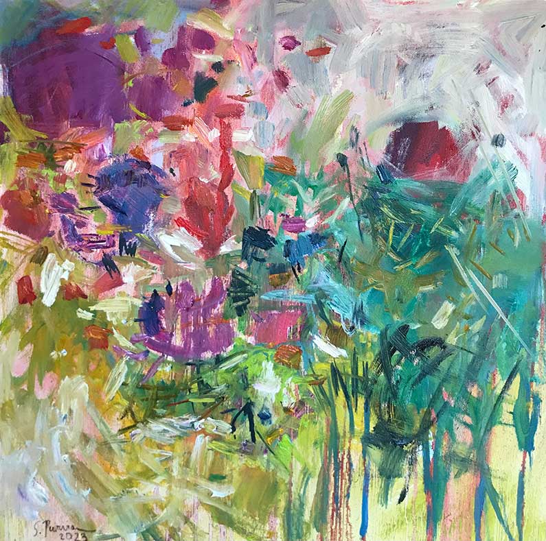 Susanne Purviance - Dahlien und Zinnien, 50x50 cm, Öl auf Leinwand, 2023