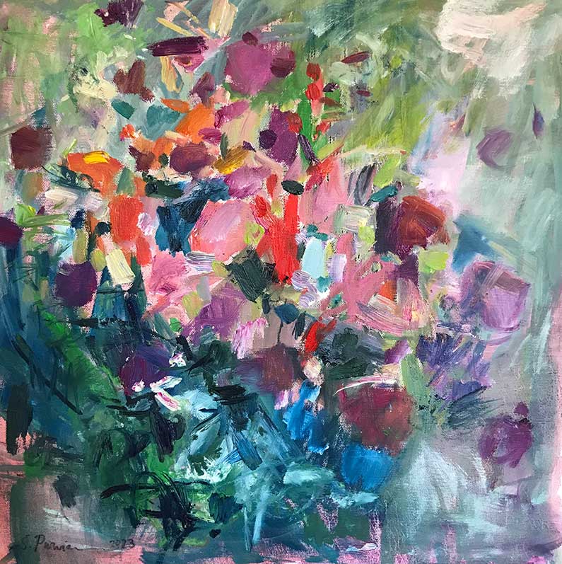 Susanne Purviance - Dahlien und Zinnien, 50x50 cm, Öl auf Leinwand, 2023 Susanne Purviance - Dahlien und Zinnien, 50x50 cm, Öl auf Leinwand, 2023